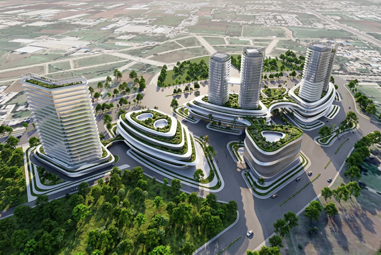 Start-up Park — architectural rendering, aerial view of the campus towers and landscaped grounds